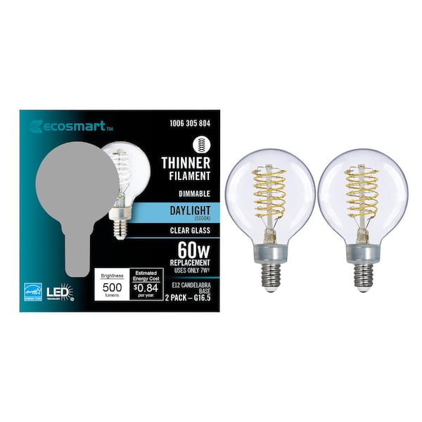 EcoSmart 60-Watt Equivalent G16.5 Dimmable Fine Bendy Filament LED Vintage Edison Light Bulb Daylight (2-Pack)
