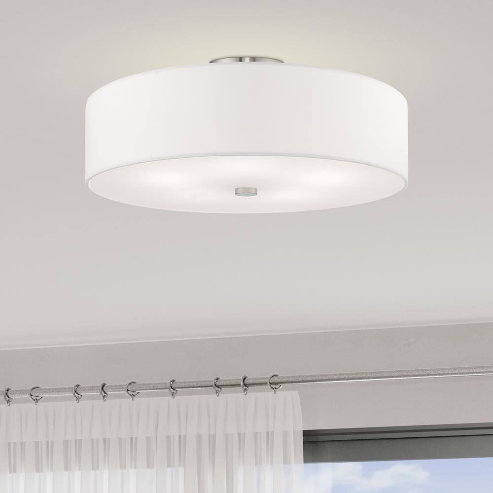Brushed Nickel 22" Drum Semi-Flush Mount with Off-White Shade