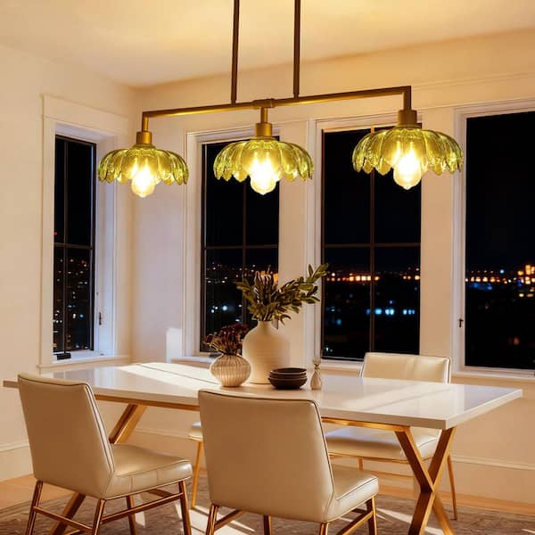 3-Light Shine Gold Vintage Linear Kitchen Island Chandelier with Green Glass Shade Height Adjustable Pendant Light