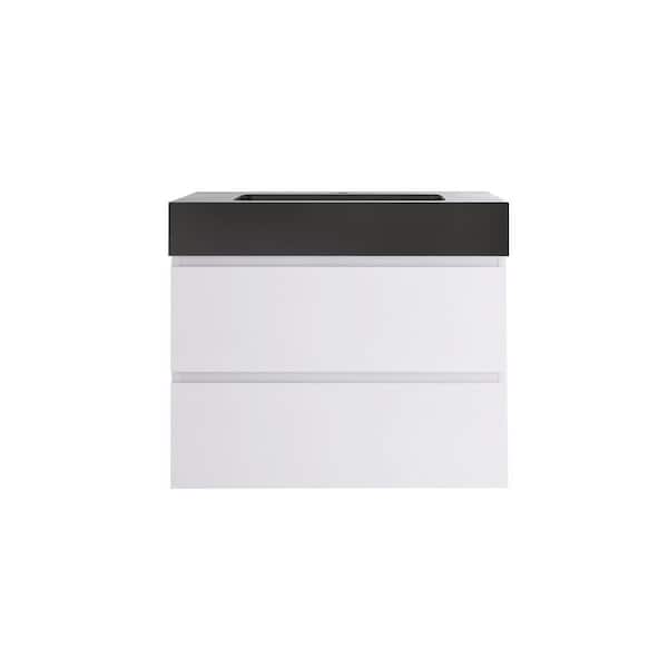 JimsMaison 30 in. W x 18 in. D x 25 in. H Wall-Mounted Bath Vanity in White with Black Solid Surface Top