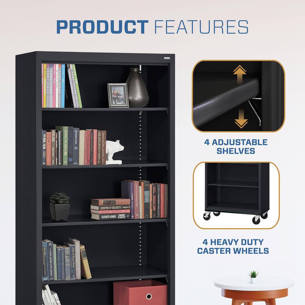Black Steel Mobile Bookcase with Adjustable Shelves