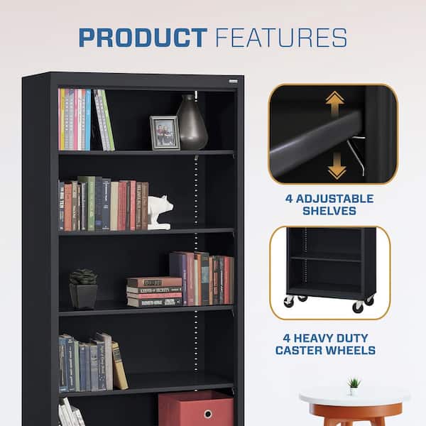 Metal 5-shelf Cart Bookcase with Adjustable Shelves in Black (78 in.)