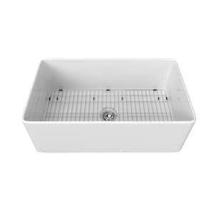 33 in. Farmhouse/Apron-Front Single Bowl White Fireclay Kitchen Sink with Drain