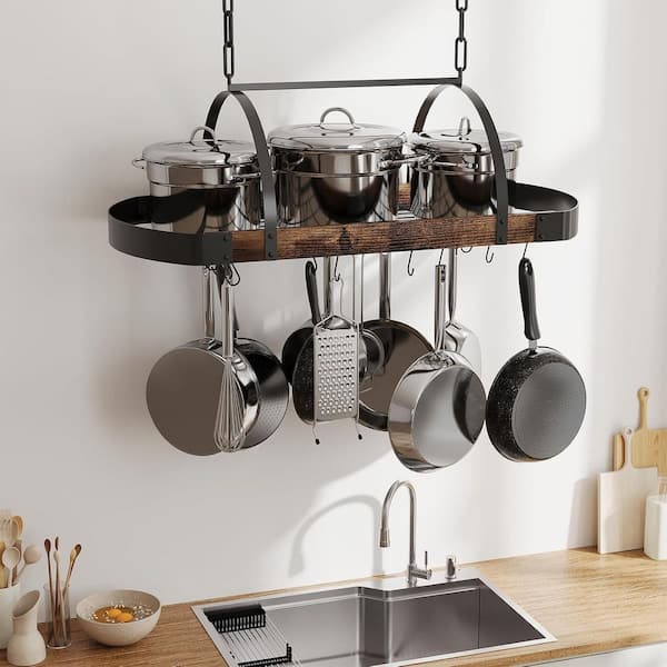 32 in. Matte Black Ceiling Hanging Pot Rack Industrial Metal Rack with Rustic Wood Shelf and 16 S Hooks for Kitchen
