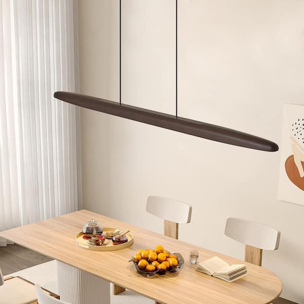 39.4 in. 1 Light Brown Walnut LED Pendant Light with Remote and Adjustable Height, 24W-Streamlined Design