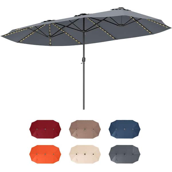 15.5 ft. Steel Extra-Large Market Patio Umbrella in Gray with LED Solar Lights and Crank Handle (Stand Not Included)