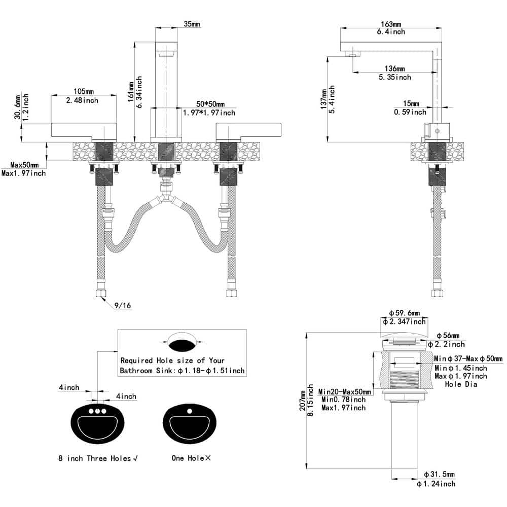Matte Black Widespread Double Handle Bathroom Faucet with Drain Kit