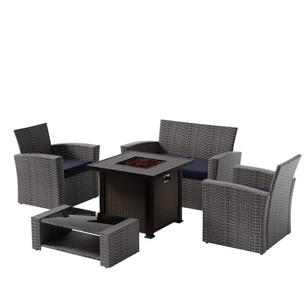 WESTIN OUTDOOR Valencia Gray 5-Piece Wicker Patio Fire Pit Conversation Set with Navy Blue Cushions