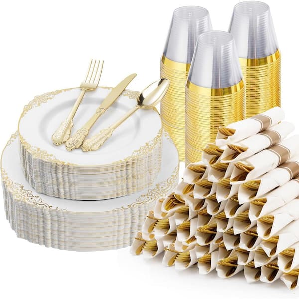 Gold Plastic Dinnerware Set for 50-Guests, 350-Piece Disposable Plates, Cups, Silverware, Napkins