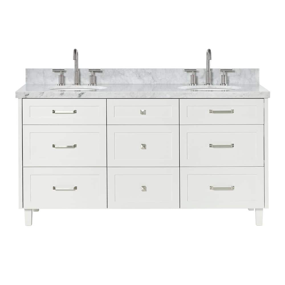 White Double Sink Freestanding Vanity with Carrara Marble Top