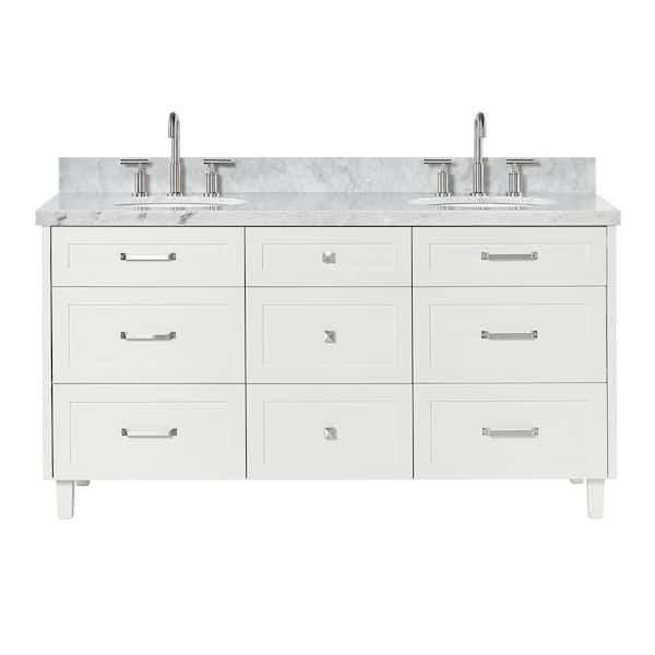 ARIEL Monroe 66 in. Double Sink Freestanding Bathroom Vanity in White with Carrara White Marble Top