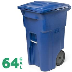 64 Gallon Blue Outdoor Trash Can/Garbage Can with Quiet Wheels and Attached Lid