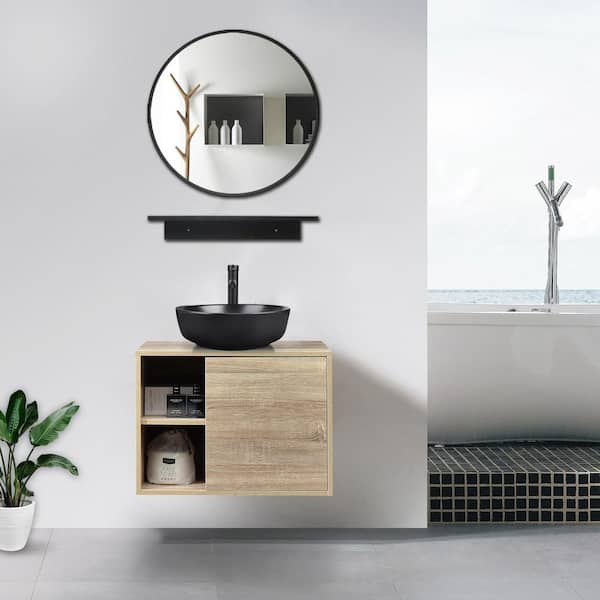 Puluomis 24 in. W x 19 in. D x 17 in. H Single Sink Burlywood Bath Vanity with Black Round Solid Surface Top Sink and Mirror