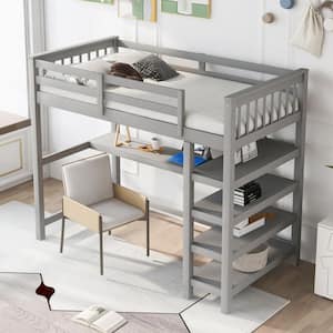Twin Size Loft Bed with Desk and Storage Shelves, Wood Loft Bed Frame with Guard Rail for Kids, Teens, Adults, Gray