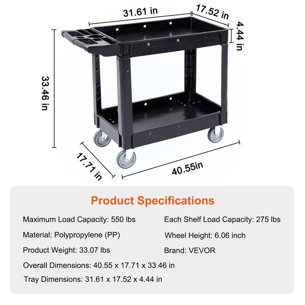 Black Heavy Duty 2-Shelf Rolling Utility Cart with Swivel Wheels