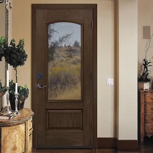 36 in. x 80 in. Left-Hand 1 Lite Clear Glass Coffee Bean Stain Fiberglass Prehung Front Door with Brickmould