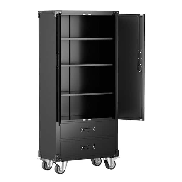 31.5 in. W x 72 in. H x 16.5 in. D Rolling Metal Garage Storage Freestanding Cabinet with 2-Drawers, 3-Shelfs in Black