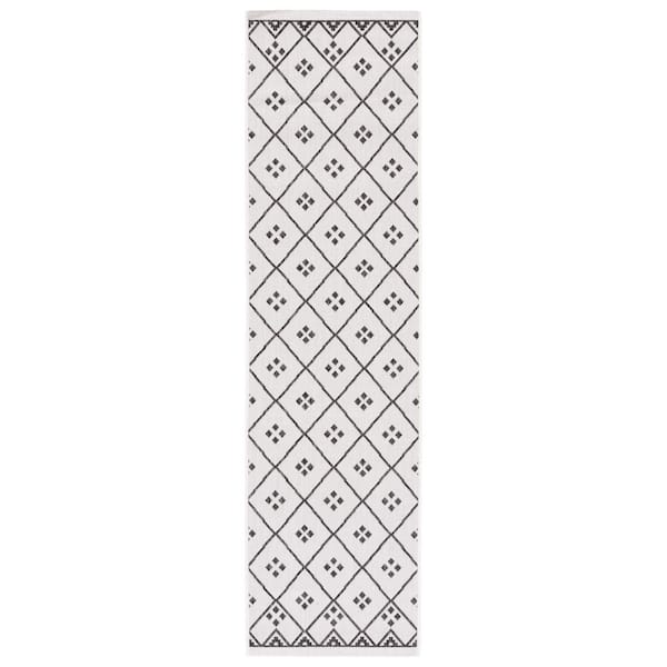 Courtyard 2 ft. x 8 ft. Ivory/Black Geometric Indoor/Outdoor Runner Rug