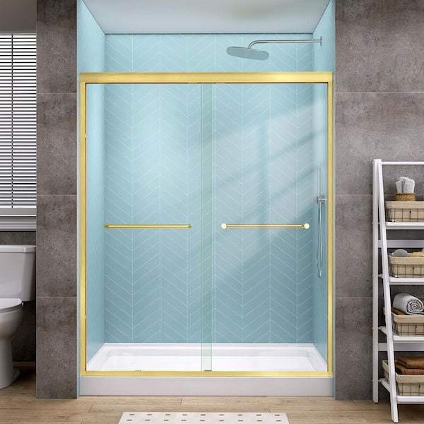 Getpro 60 in. W x 72 in. H Double Sliding Semi-Frameless Shower Door in Matte Brushed Gold with 1/4 in. Clear Glass