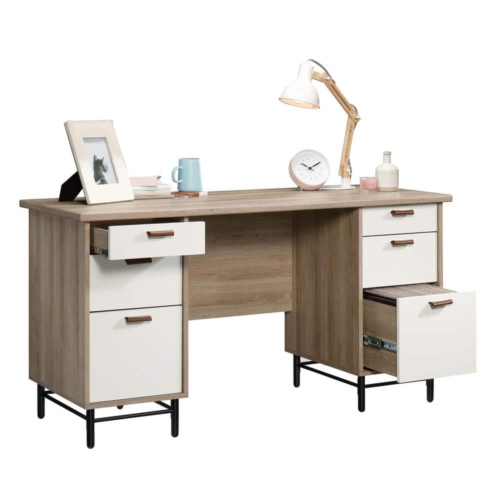 Sky Oak and White Executive Desk with Leather Drawer Pulls