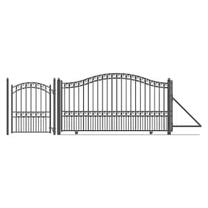 21 ft. x 6 ft. x 16 ft. Black Steel Single Sliding Driveway Gate Paris Style with Pedestrian Gate 5 ft. Fence Gate