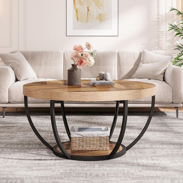 Allan 31.7 in. Light Brown Round Wood Coffee Table with Storage Shelf, Industrial Center Table for Living Room