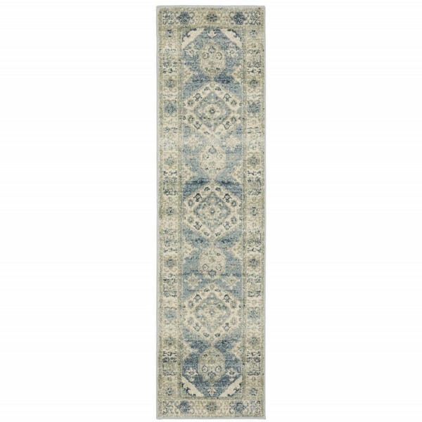 Blue Grey Beige and Teal 2 ft. x 8 ft. Oriental Power Loom Stain Resistant Runner Rug