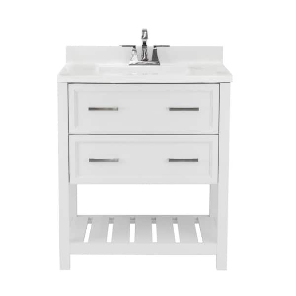 Amluxx Milan 31 in. Bath Vanity in White with Cultured Marble Vanity Top w/ Backsplash in Carrara White with White Basin