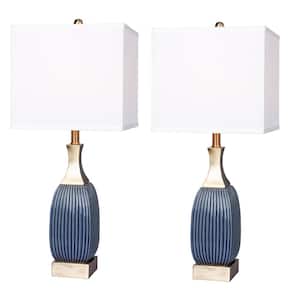 26.5 in. Vertically Ribbed Blue Ceramic and Antique Brass Table Lamp (2-Pack)