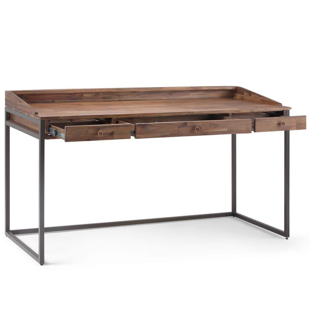 Rustic Natural Aged Brown Acacia Wood Desk with Keyboard Tray