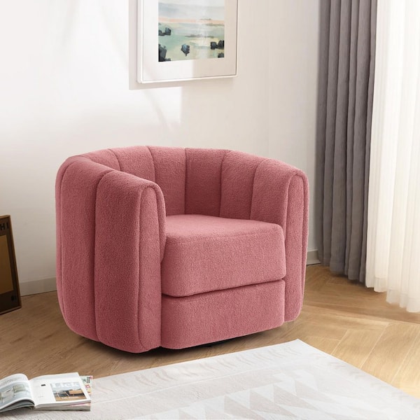 Pink Teddy Fleece Pumpkin-Shaped 360° Swivel Accent Barrel Armchair