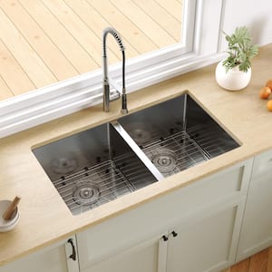 33 in. Rectangular Double Bowl Undermount Kitchen Sink in Silver Grey Stainless Steel with Grid and Strainer