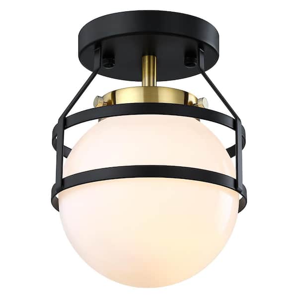 pasentel 6.3 in. 1-Light Black and Gold Semi-Flush Mount Ceiling Light Fixture with White Opal Glass Globe Shade