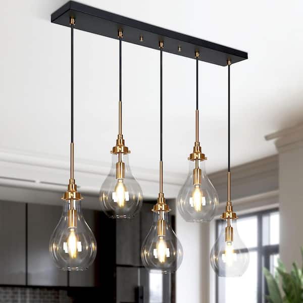 Transitional Kitchen Island Teardrop Chandelier 5-Light Black and Brass Dining Room Chandelier with Clear Glass Shades