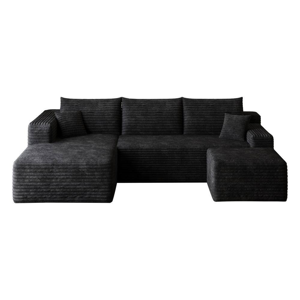 95 in. Armless 5-piece Corduroy U-Shaped Sectional Sofa with Ottoman in Black durable construction