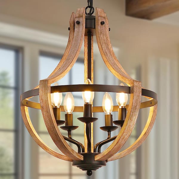 Modern Geometric 5-Light Chandelier, Black and White Wood Finish, Industrial Hanging Light Fixture for Dining Table