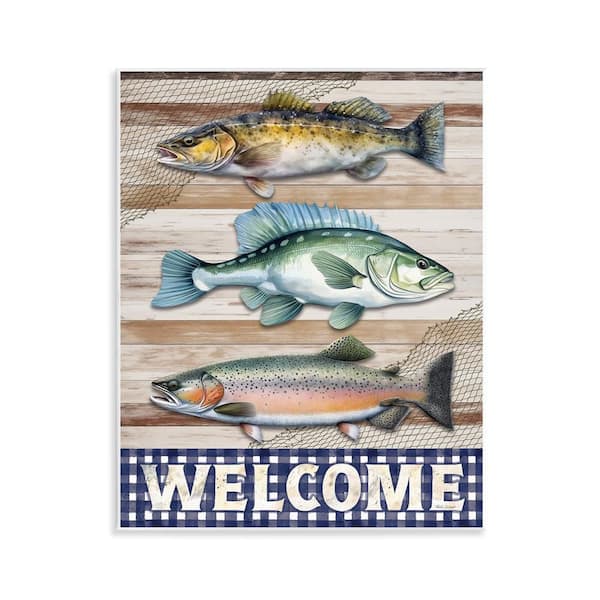 Stupell Industries Welcome with Rustic Fish by Nicole DeCamp Unframed Animal Graphic Art Print 14 in. x 11 in.