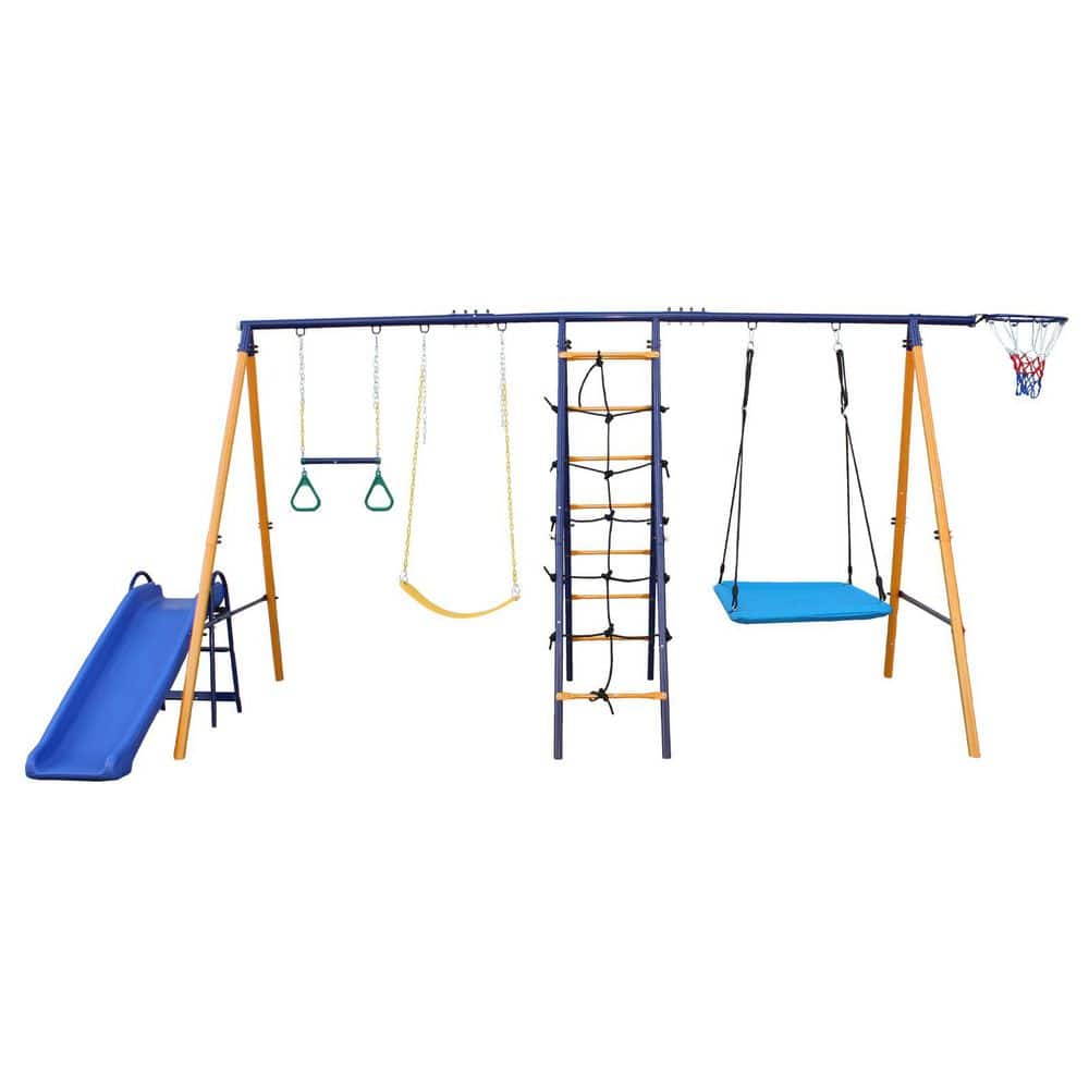 7 in 1 Multicolor Metal Outdoor Swing Playset with Slide and Climbing Net