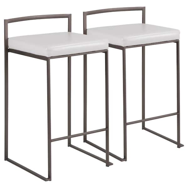 Lumisource Fuji 26 in. Antique Stackable Counter Stool with White Faux Leather Cushion (Set of 2)