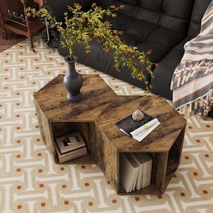23.62 in. Antique Brown Hexagonal MDF Coffee Table Side End Table Nightstand 2-Pieces