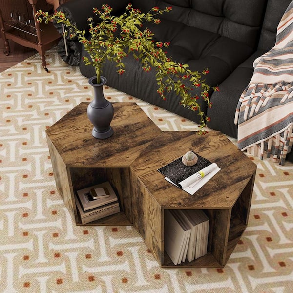 wetiny 23.62 in. Antique Brown Hexagonal MDF Coffee Table Side End Table Nightstand 2-Pieces