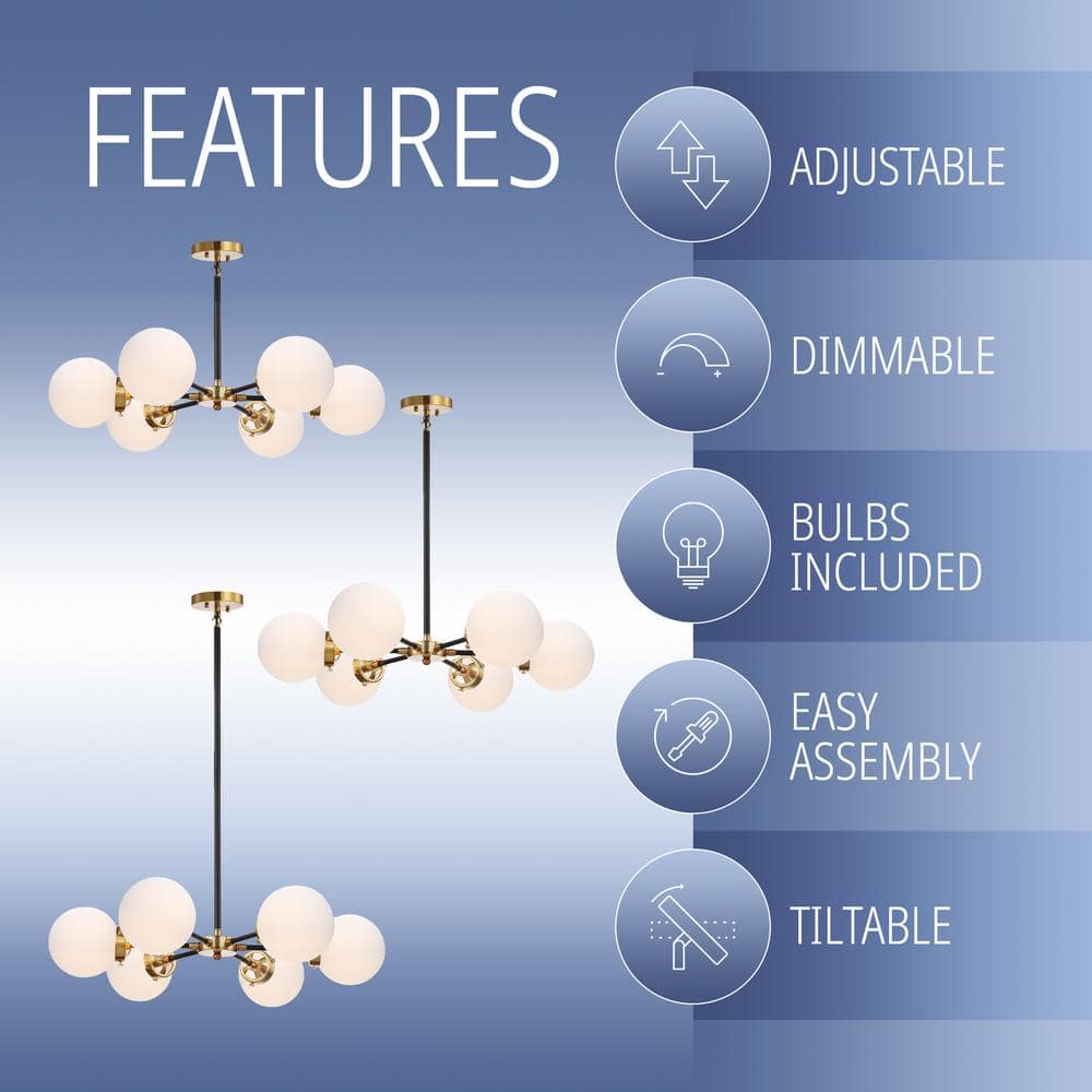 Caleb 28" Brass Gold & Black Sputnik LED Chandelier with Frosted Glass