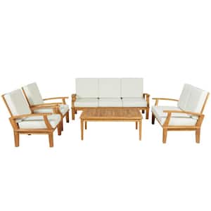 Rustic 5-Piece Teak Wood Slat-Type Sofa with White Cushion