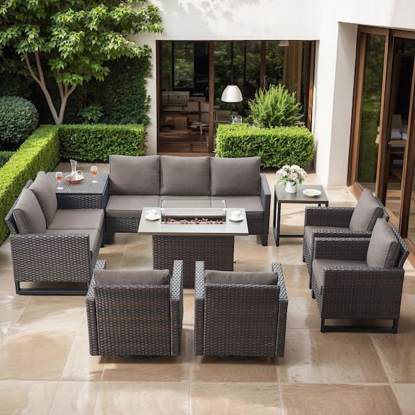 U-Series 9-Piece Outdoor Brown Wicker Sofa PE Rattan Wicker Patio Conversation Set with Cushion Guard Cushions (Blue)