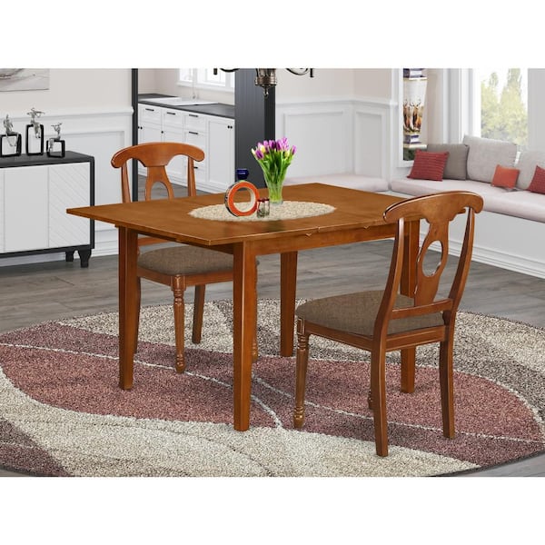 East West Furniture 3-Piece Saddle Brown Finish Solid Wood Top Dining Table Set
