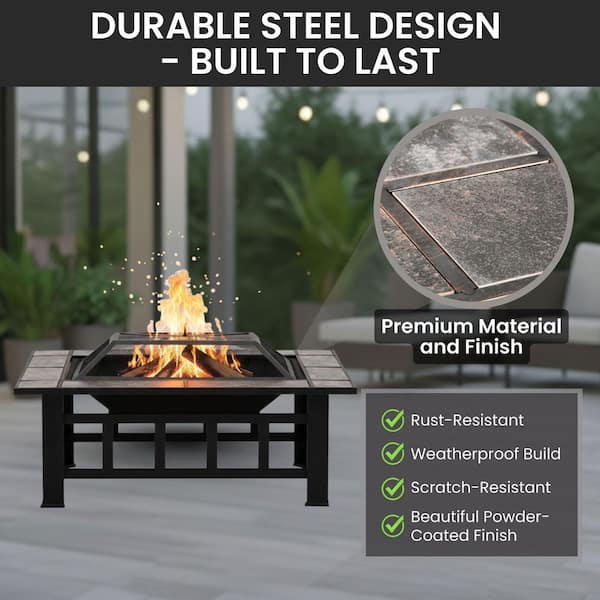 Pure Garden 37 in. Steel Rectangular Tile Fire Pit with Cover