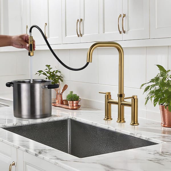 3 Holes Double Handle Bridge Kitchen Faucet with Pull Down Sprayer and Supply Lines in Brushed Gold