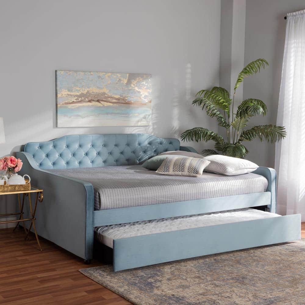 Light Blue Velvet Upholstered Tufted Full Daybed with Trundle