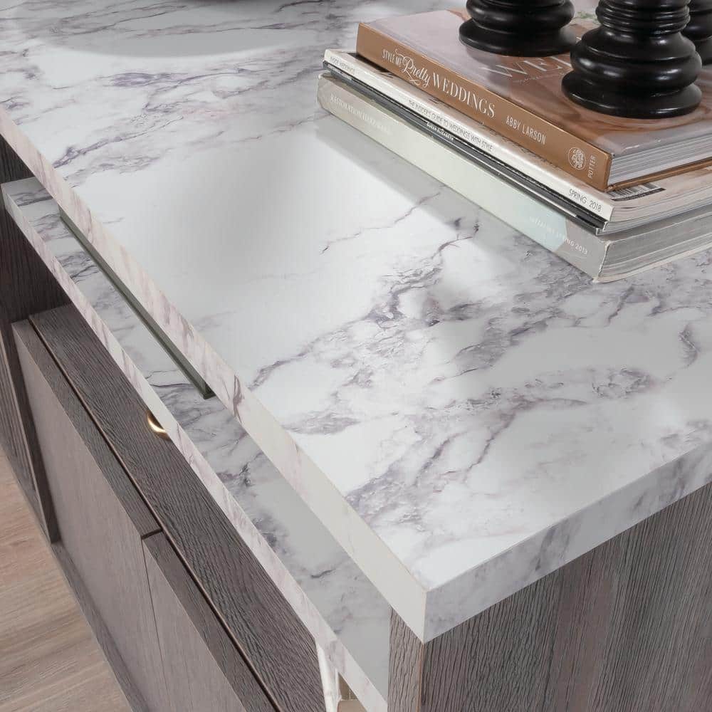 Ashen Oak and Faux White Marble Media Console with Cabinet