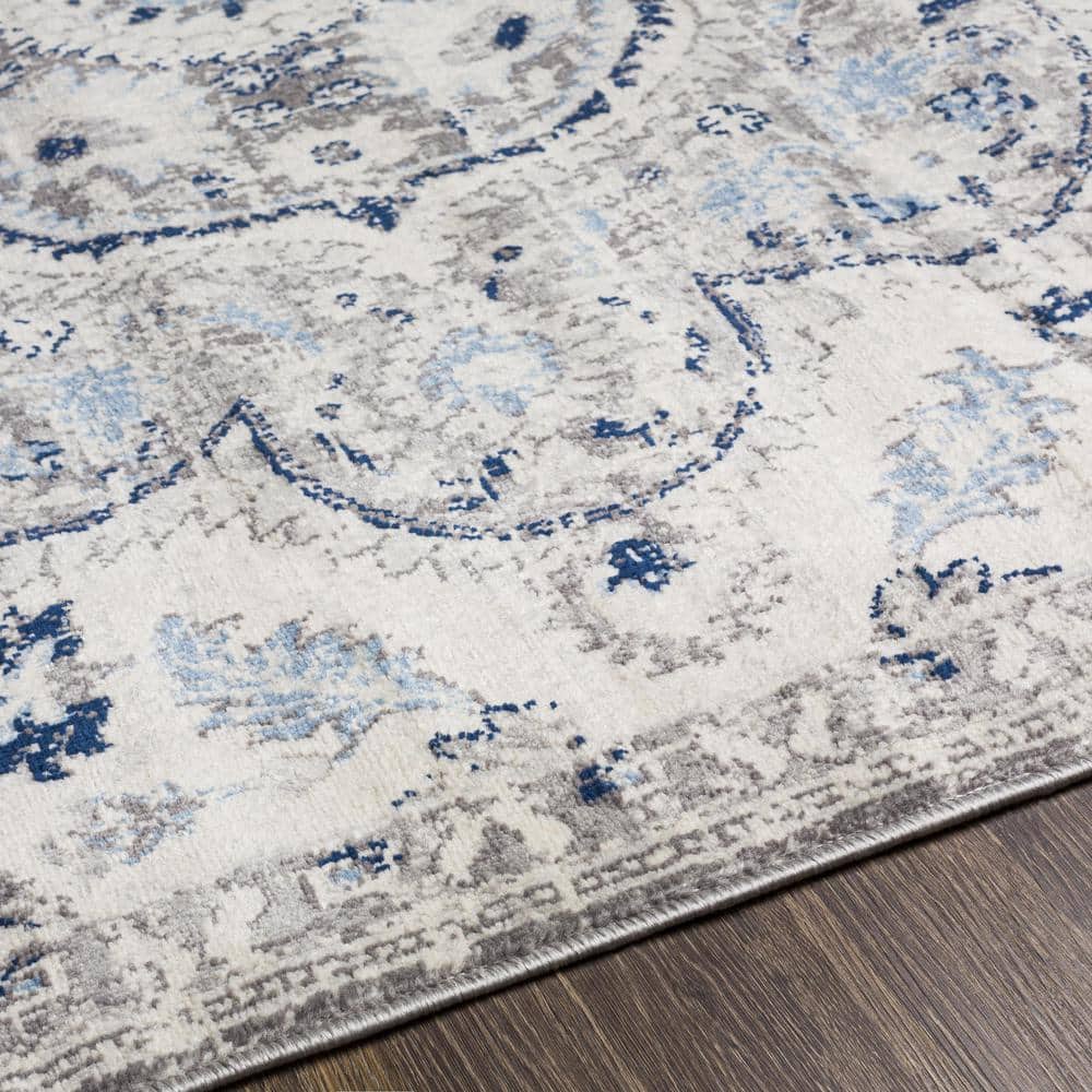 Gray and Blue Vintage Medallion Low Pile Area Rug